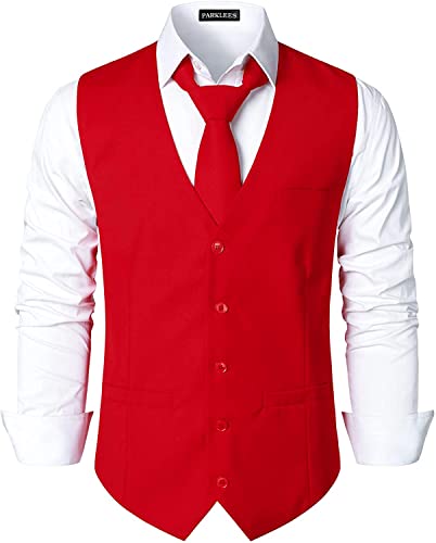 PARKLEES Herren Hipster Urban Design Business Formelle Weste Slim Fit Anzug Smoking Frack Weste, rot, L