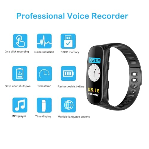 Feloyal Sprachrecorder Armband 16 GB Professioneller Sprachrecorder mit Sprachaktivierung und MP3-Player Uhr mit Sprachaufzeichnung, wiederaufladbar, USB für Besprechungen, Interviews, Unterricht