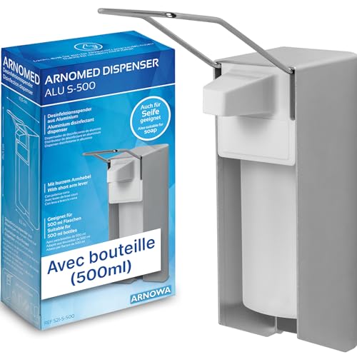 ARNOMED 1 Distributeur gel hydroalcoolique en aluminium, distributeur savon automatique 500ml, Levier long - fixation/montage mural, Soap Dispenser, distributeur de savon automatique