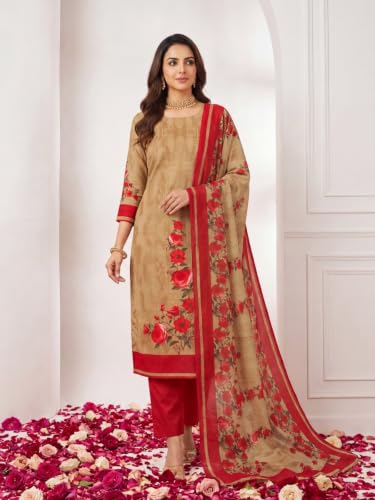 Image of Women's Light Brown Silk Salwar Suit Dress Material with Matching Bottom & Dupatta | Premium Unstitched Ethnic Suit Fabric for Festive, Party, Traditional Ethnic Wear