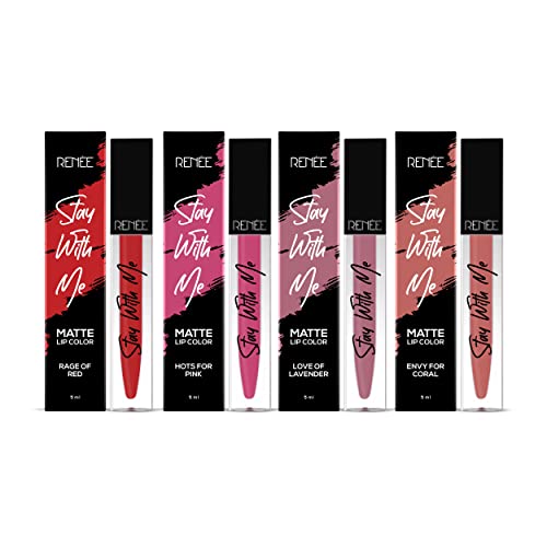 Image of RENEE Stay With Me Matte Liquid Lipstick, Long Lasting, Non Transfer, Water & Smudge Proof, Light Weight Liquid Lipstick, Nude Combo of 4, 5ml