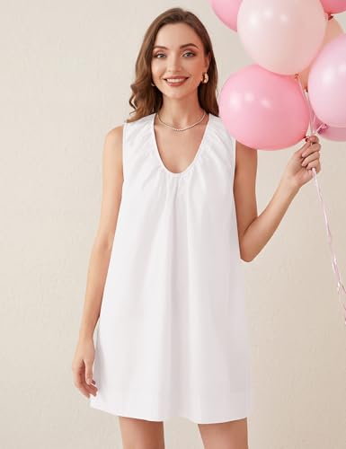 Image of MISSACTIVER Women's Sleeveless Babydoll Tank Mini Dress Scoop Neck Ruched Short Dress with Side Pockets Summer Party Dresses