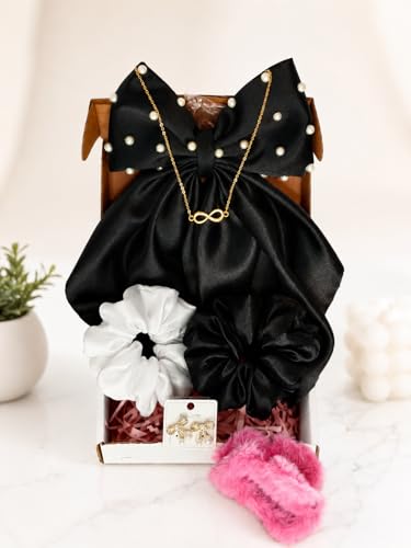 Image of Gift Hamper for Girls and Woman - Hair Accessories Combo with Handmade Satin Scrunchies, Handmade Pearl Bow Clip,Infinity Pendant, Claw Clip & Earrings | Birthday,Valentine's Day & Special Occasion Gift (Pack of 6)
