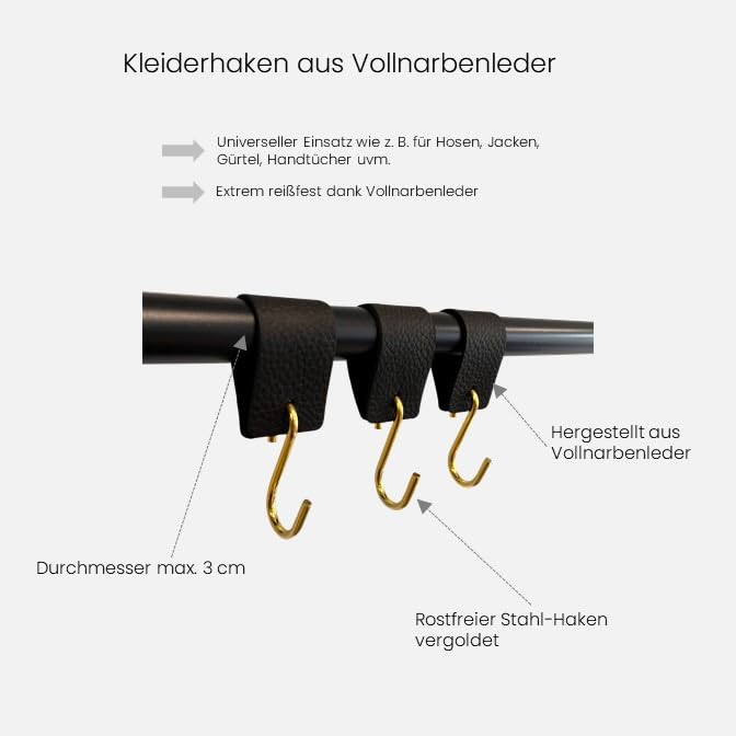 Kleiderhaken mit Lederschlaufe - Goldhaken - Schwarz – 12 Stück - S Haken - Fleischerhaken - Leder – Garderobenhaken