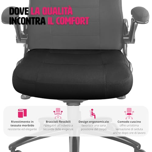 ® Sedia da Ufficio Ergonomica con Braccioli Pieghevoli, Rivestimento in Morbido Tessuto, Funzione Basculante, Altezza Regolabile, Girevole a 360 Gradi, Rotelle Anti-Graffio - Nero - Sedia gaming - Immagine 7