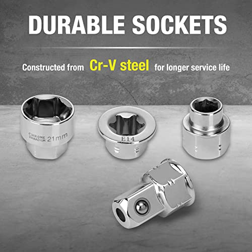 Duratech 27Pcs Extra Long Flex Head Ratcheting Wrench Set, 8-22Mm, Double Box End Ratchet Wrench Set With E-Type 8-22Mm Replacement Heads, 10X19Mm, 1/4", 3/8", 1/2" Socket Adapters #TOP4