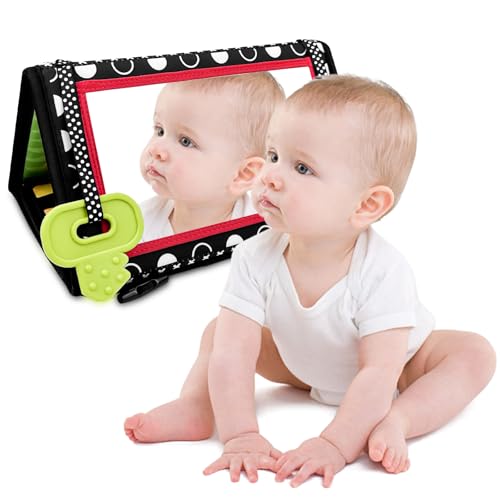 Lixiluxia Juguetes Bebes 3 6Meses, Libro Bebe 0 3 Meses, Espejo Bebe Montessori, Juguetes Recien Nacido, Espejo para Bebé Juguete con Mordedor, Libro Sensoriales Blanco y Negro Plegable