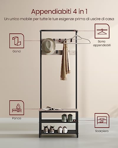 VASAGLE Appendiabiti da Ingresso con Panca Scarpiera, Attaccapanni con 9 Ganci Rimovibili e Barra Appendiabiti, 32,2 x 64 x 180 cm, Camera da Letto, Industriale, Greige e Nero HSR411B02 - Immagine 2