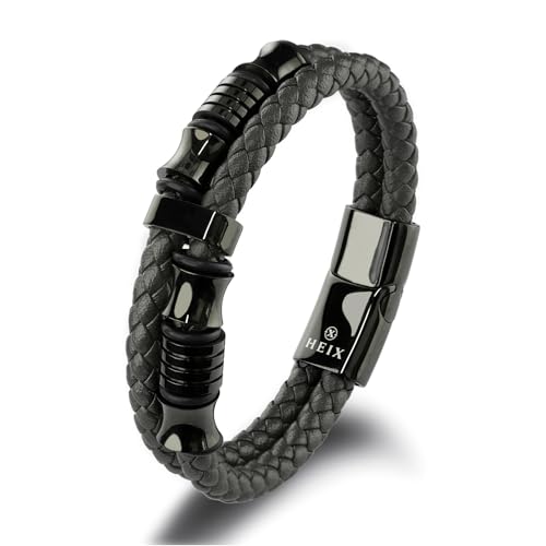 HEIX Men's Premium Leather Bracelet Magnetic Stainless Steel Clasp in Dark Blue and Brown Great Gift Idea for Men & Boys Jewelry (Black, 19)