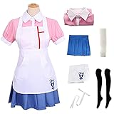 Danganronpa Cosplay Costume Mikan Tsumiki Cosplay Dress Nurse Maid Outfit with Arm Leg Sleeve Breastpin for Women (Suit A:with Stocking, XXXL)
