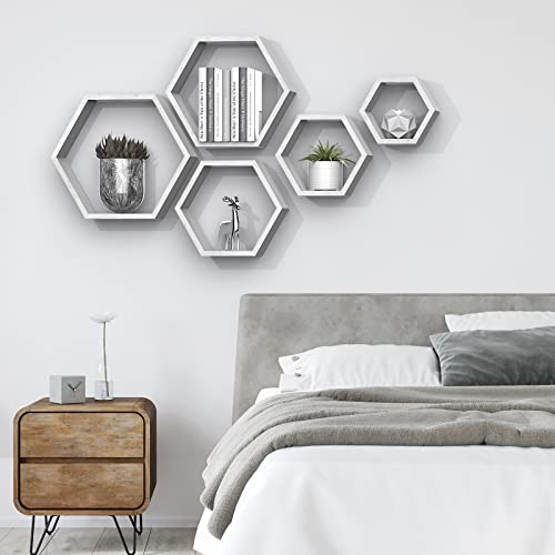 Hexagon Shelves Farmhouse Honeycomb Floating Shelves Set Of 5 Wood Storage Shelf For Plants Display Wall Hanging Shelves Modern Honeycomb Racks Sets For Living Room Bedroon Office, Grey-White #TOP1