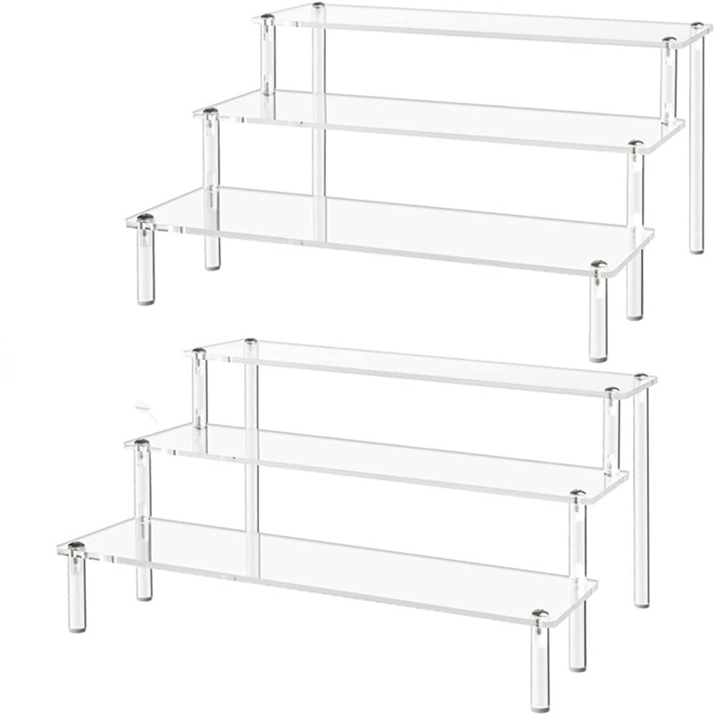 Gonice 2PCS Acrylic Clear Display Riser for Figures, 3 Tiers Display Riser Cupcake Stand for Funko POP Collections Perfume Cosmetic Organizer Desserts Holder (3T-2Pack)