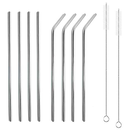 Stainless Steel Straws Ultra Long - Set of 8-10.5 Inch Drinking Metal Straws For Tumblers Rumblers Cold Beverage (4 Straight | 4 Bent | 2 Brushes)