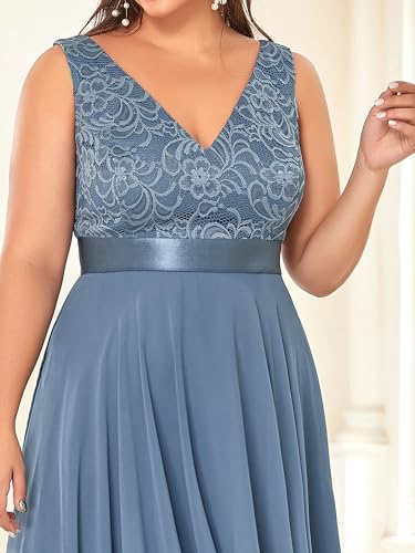 Image of Ever-Pretty Plus Women's V Neck Sleeveless Asymmetric Hem Lace Chiffon Short Summer Plus Size Wedding Guest Dresses Dusty Blue US14