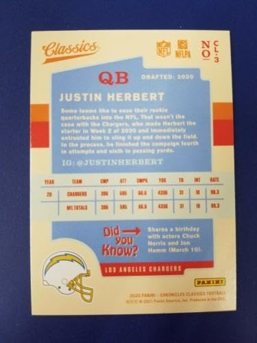 Miniatura 2 de Justin Herbert 2020 PANINI CHRONICLES CLASSICS #CL3 LOS ANGELES CHARGERS ROOKIE - Football Cards