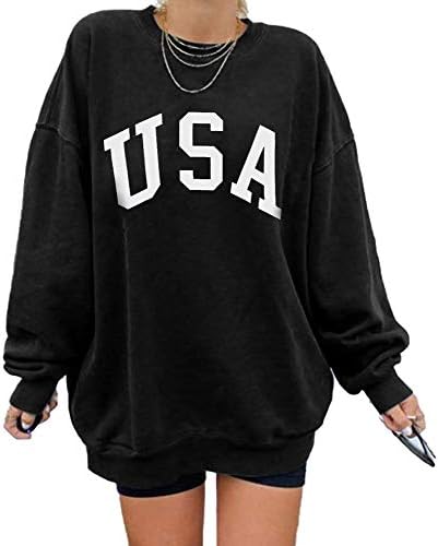 Women's USA Letter Print Long Sleeve Oversized Round Neck Sweatshirt Loose Pullover Tops