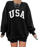 Women's USA Letter Print Long Sleeve Oversized Round Neck Sweatshirt Loose Pullover Tops