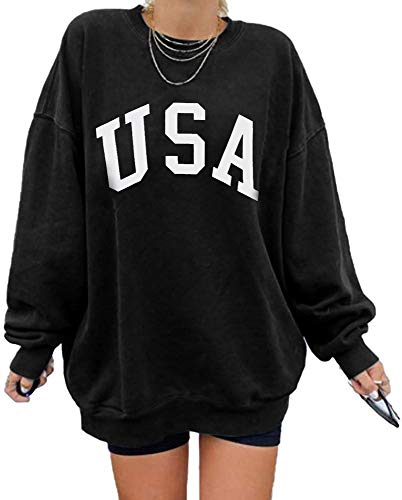 Women's Usa Letter Print Long Sleeve Oversized Round Neck Sweatshirt Loose Pullover Tops #TOP13