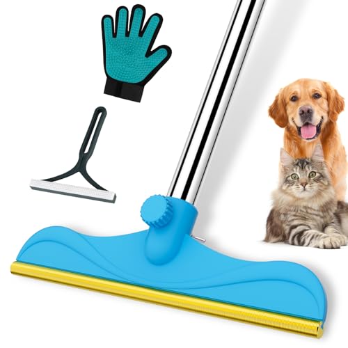 3 in 1 Carpet Rake for Pet Hair Removal, 60” Adjustable Long Handle Pet Hair Remover, Tool Set of 3, Reusable Carpet Scraper Dog Cat Pet Hair Removal Broom for Carpets, Car Mat, Pet Bed, Rugs