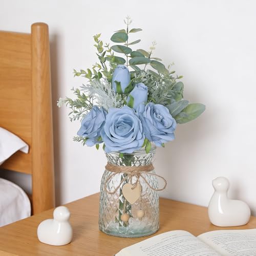Rosas de seda con jarrón de cristal para centro de mesa de comedor 5