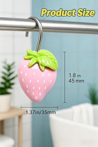 Image of 12-Pack Resin Pink Strawberry Shower Curtain Hooks - Cute Fruit-Themed Shower Curtain Rings for Bathroom and Home Decor