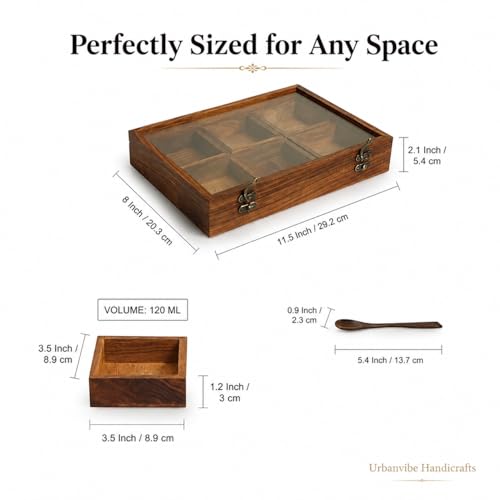 Image of Wooden Spice Box with 6 Removable Compartments|Masala Dabba for Kitchen Storage | Premium Wooden Spice Organizer with Transparent Glass Lid | Multipurpose Storage Box 120 ML