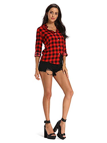 Aeslech Lightweight Plaid Shirts For Women Button Down Roll Up Sleeve Casual Tops Blouse B Red L #TOP5