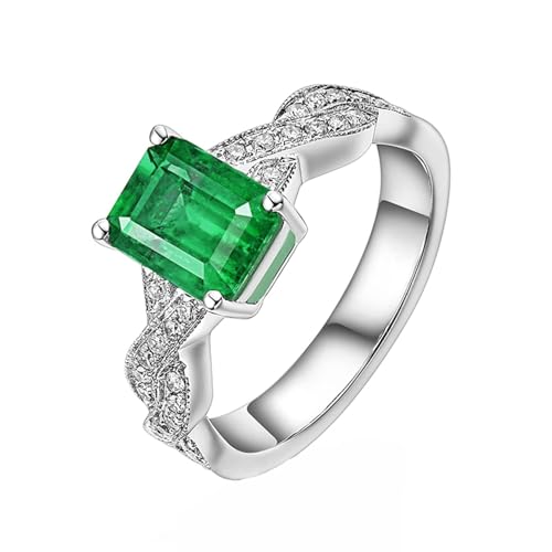 Calefee Anillos de compromiso de oro para ella, con esmeralda creada en laboratorio de 1,5 quilates y moissanita, oro blanco real de 18 quilates, talla H 1/2-V 1/2, M 1/2, Metal Piedra preciosa.,