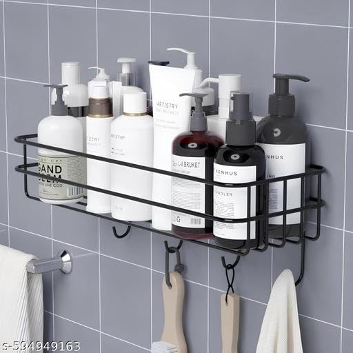 (Combo Offer) 2piC Powder Coated Self-Adhesive Shower Bathroom Shelf with Hooks, Hanging Toiletries Holder Makeup Storage Rack for Bathroom, Kitchen Spice Rack Shelf