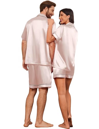 Image of Ekouaer Couple Matching Pajamas Sets Silk Short Sleeve Button Down Sleepwear Satin Pjs Shorts Set Soft Loungewear S-XXL