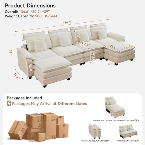 Image of 134'' Cloud Modern 4 Seater Couch with Detachable Headrest, Modular Sectional Sofa with 2 Ottoman, Oversized U Shape Chenille Comfy Sofa with Armrests for Living Room, Beige