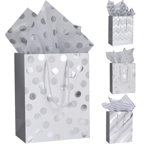 Sacos de presente de papel de Natal médios: 4 sacos de presente prateados com papel de seda e etiquetas adicionais para embrulhar presentes de aniversário, casamento e dia dos namorados - 9,1 x 7,1 x