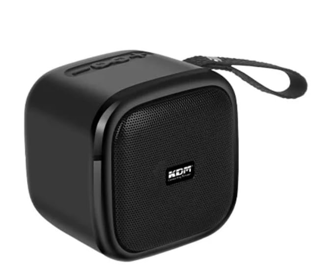kdm 30 dotcom portable bluetooth speaker, 5w clear sound, 8h playtime, tws pairing, fm radio, hanging strap, usb/tf, type-c charging, compact design,black