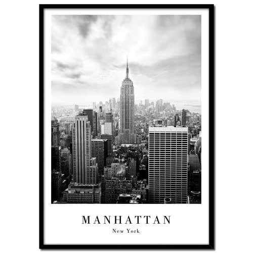 Tableau Encadré New York Manhattan 50 x 70 cm – Skyline avec Empire State Building – Décoration Murale avec Vitre Plexiglas et Cadre Noir – Format...