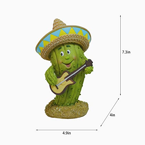 Floryden Western Comic Cactus Statue With Guitar In Mexican Hat，Cactus Baby Figurine For Modern Home Decor Tabletop Shelf Decor, Resin 7.28” H #TOP3