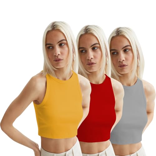 Image of KERI PERRY Tops for Women Crop Top for Women's Tank Activewear Tee Sports Western Casual Cotton Camisole Pack of 3 Combo