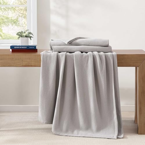 Image of Tommy Hilfiger - King Cotton Blanket, Textured Pique Weave Bedding, Medium Weight Soft Blanket, Anti-Pilling & Fade Resistant, Ideal for Layering, Oeko-TEX Certified (Grey)