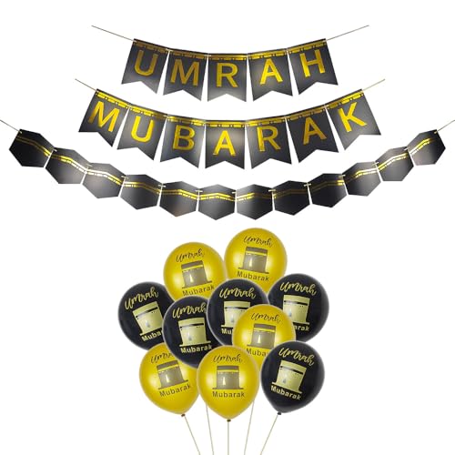 Lot Décorations Umrah Mubarak – Bannière, Ballons, Lunes Dorées & Noires Réutilisables