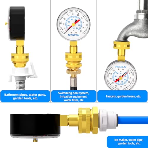 Image of MEANLIN MEASURE 0~100Psi 3 /4 inch Female Water Pressure Kit Plus 5 adapters, 2.5 inch FACE DIAL Multi-Purpose Pressure Gauge kit with Red Indicator Hands, Hydraulic Tester Suitable for Gardens, Water Pipes