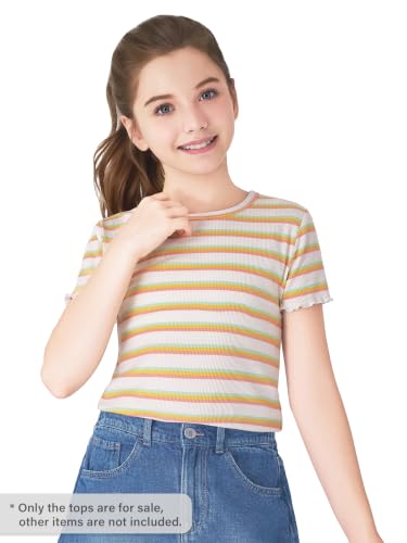 Image of Girls Striped T-Shirt Lettuce Trim Short Sleeve Top Size 6-16 | Soft stretch ribbed knit fabric, breathable blouse,summer outfit for big girls & teen, for school, party and daily activity