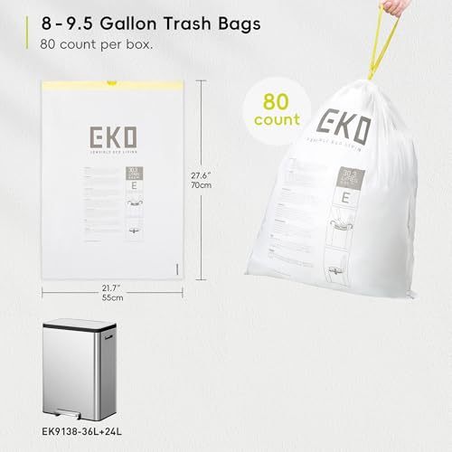 Image of EKO Easy-Dispense Roll 80 Count Extra-Strong Drawstring Tall Kitchen Trash Bag, 8-9.5 Gallon Trash Bag (30.3L-36L) 1 Pack White, Code E