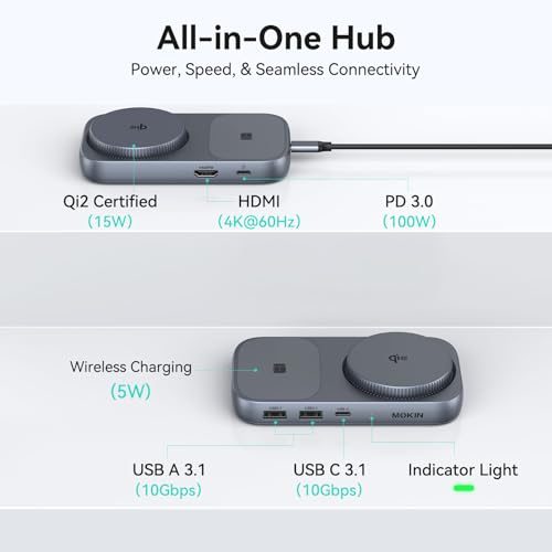 Image of MOKiN USB C Hub with 15W Qi2 Wireless Charger, Laptop Docking Station to 4K HDMI, 100W PD, 10Gbps Ports, 15W+5W Wireless Charging Stand for iPhone 16 /15 /14 /13 & Airpods, USBC Dock for MacBook /Windows