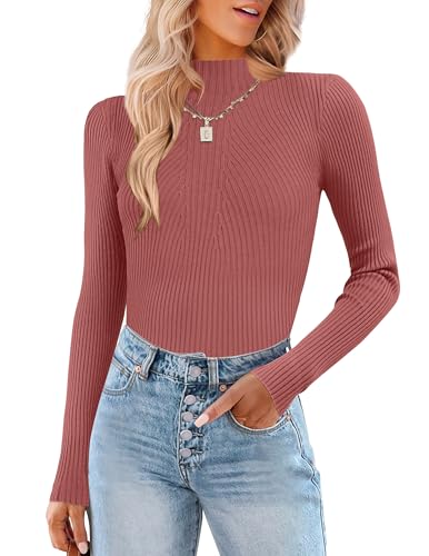 Image of HOTOUCH Women Turtleneck Tops Mock Neck Sweater Ribbed Knit Basic Casual Long Sleeve Shirt Fall Winter Clothing 2025 Trendy