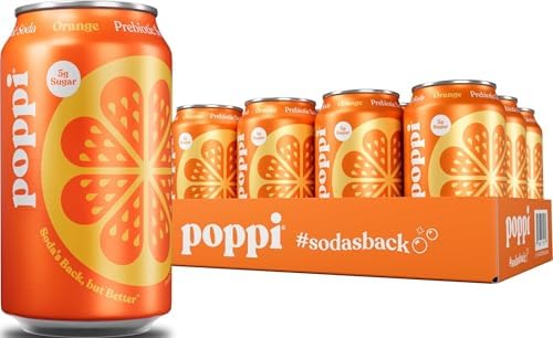 Poppi Prebiotic Soda, Sparkling Water and Fruit Juice, Orange, 12 Ounces (Pack of 12)