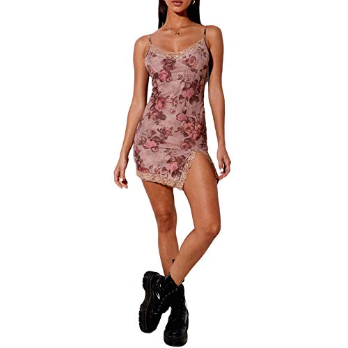 Women Girls Bodycon Y2k Cami Dress Floral Lace Spaghetti Strap Mini Dress E-Girl Goth Dress Junior Dresses Y2k Fashion (Pink Cherry, S)