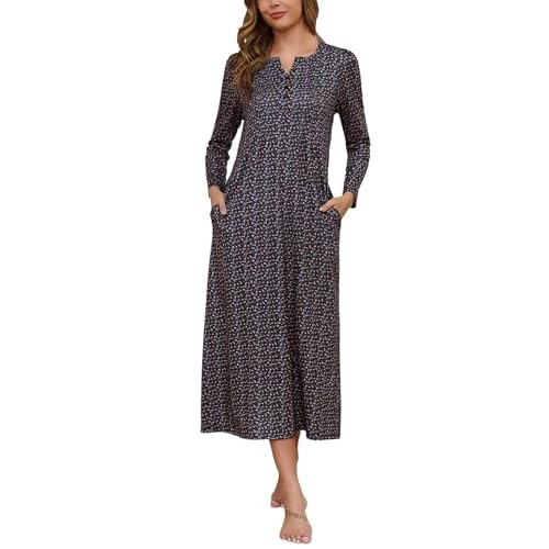 Marvmys Womens Cotton Long Sleeve Nightgowns Soft Ladies Sleep Shirts V Neck Full Length Night Shirts Sleepwear with Pockets Black Floral Medium