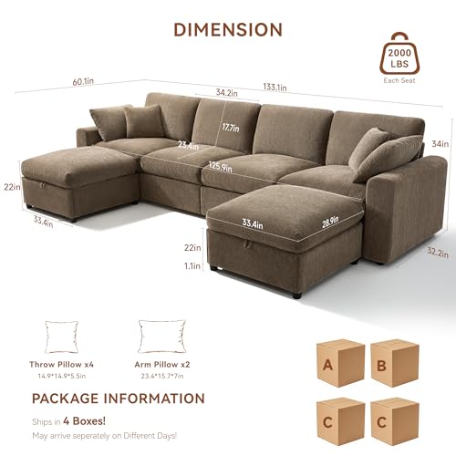 Image of Ihanherry 141 inch Oversized Cloud Sectional Couches for Living Room, Modular Sectional Sofa with Wide Deep Seat, U Shaped Couch with Throw Pillow and Storage Ottoman, Brown