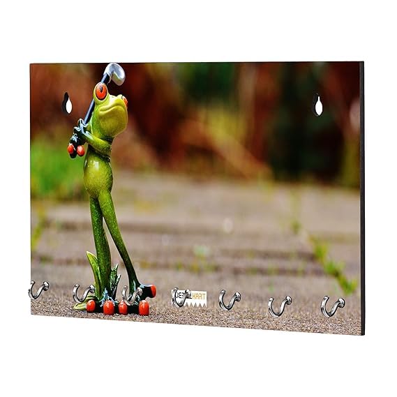 Porte-clés en bois imprimé grenouille de golf tableau mural décoratif multicolore