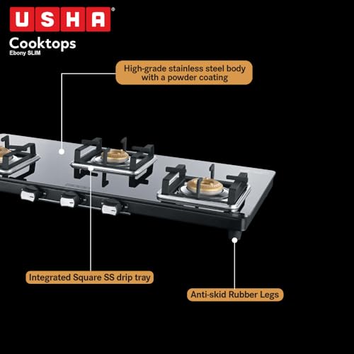 Image of USHA Ebony Slim 3 burner (EBSL3SGC) with stainless steel body, glass cooktop, large space for parallel cooking, square pan support and integrated drip tray