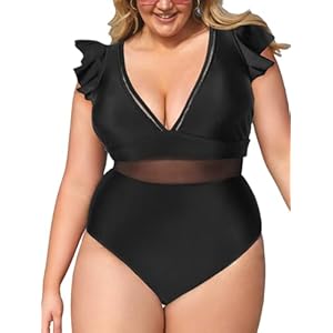 CUPSHE Badpak uit één stuk voor dames plus size V-hals ruches mesh badpak